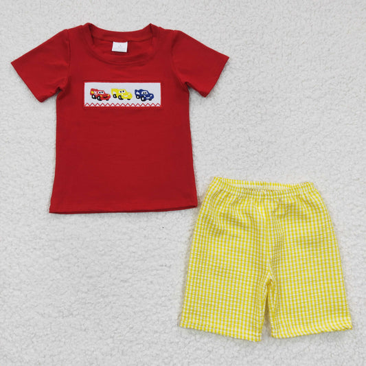 (Promotion)BSSO0133 Cars Embroidery Red Top Yellow Shorts Boys Summer Outfits