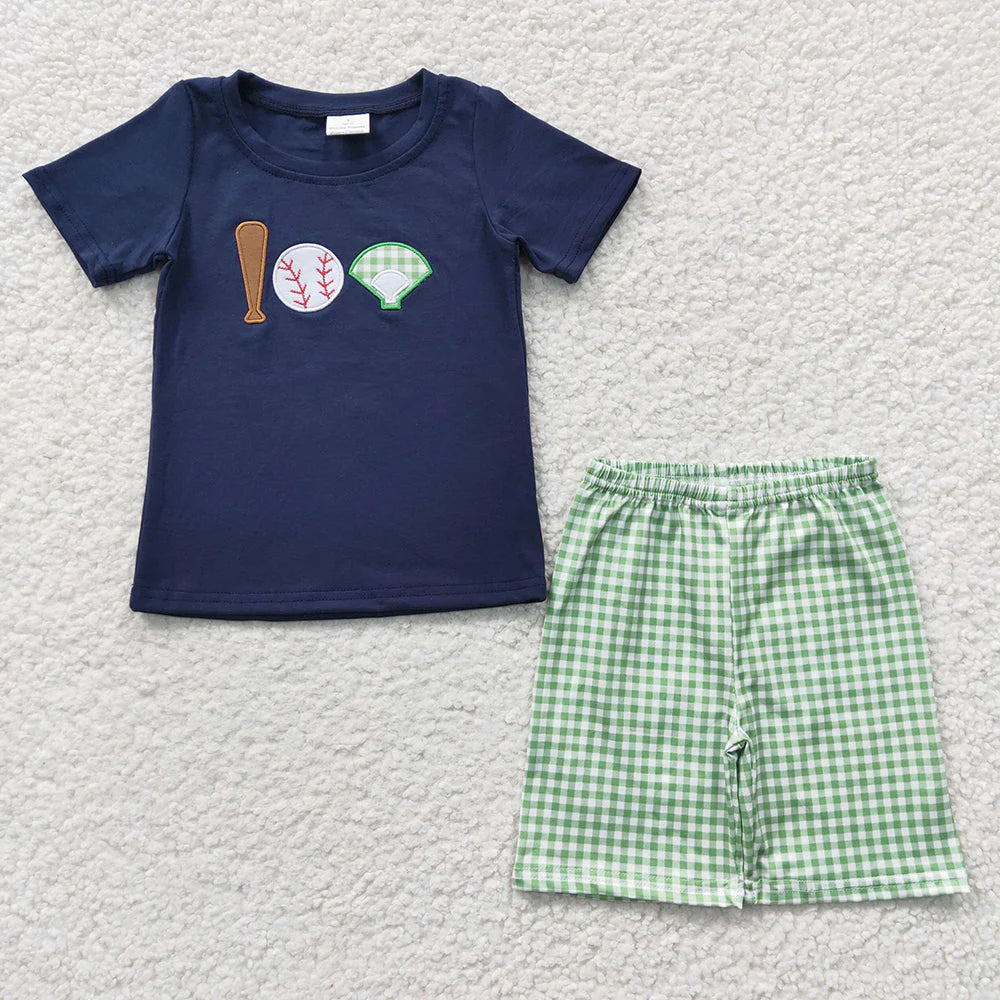 Sibling Boys Baby Girls Baseball Green Checkered Summer Outfits Suits