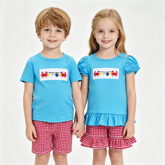 Sibling Crab Embroidery Baby Girls Boys Summer Outfits Clothes Sets