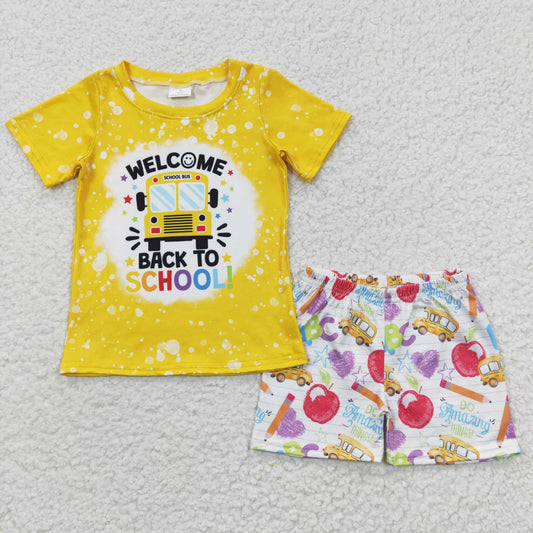 BSSO0252 School Bus Yellow Top Pen Apple Stars Shorts Boys Back to School Clothes Set