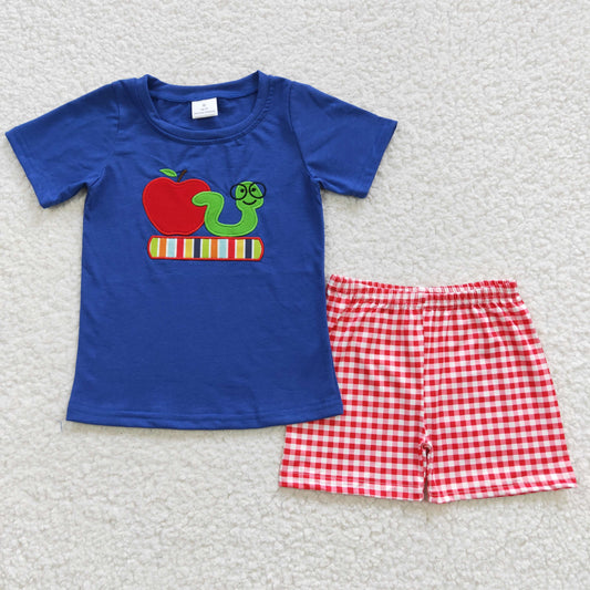 BSSO0254 Apple Book Embroidery Blue Top Plaid Shorts Boys Back to School Clothes Set