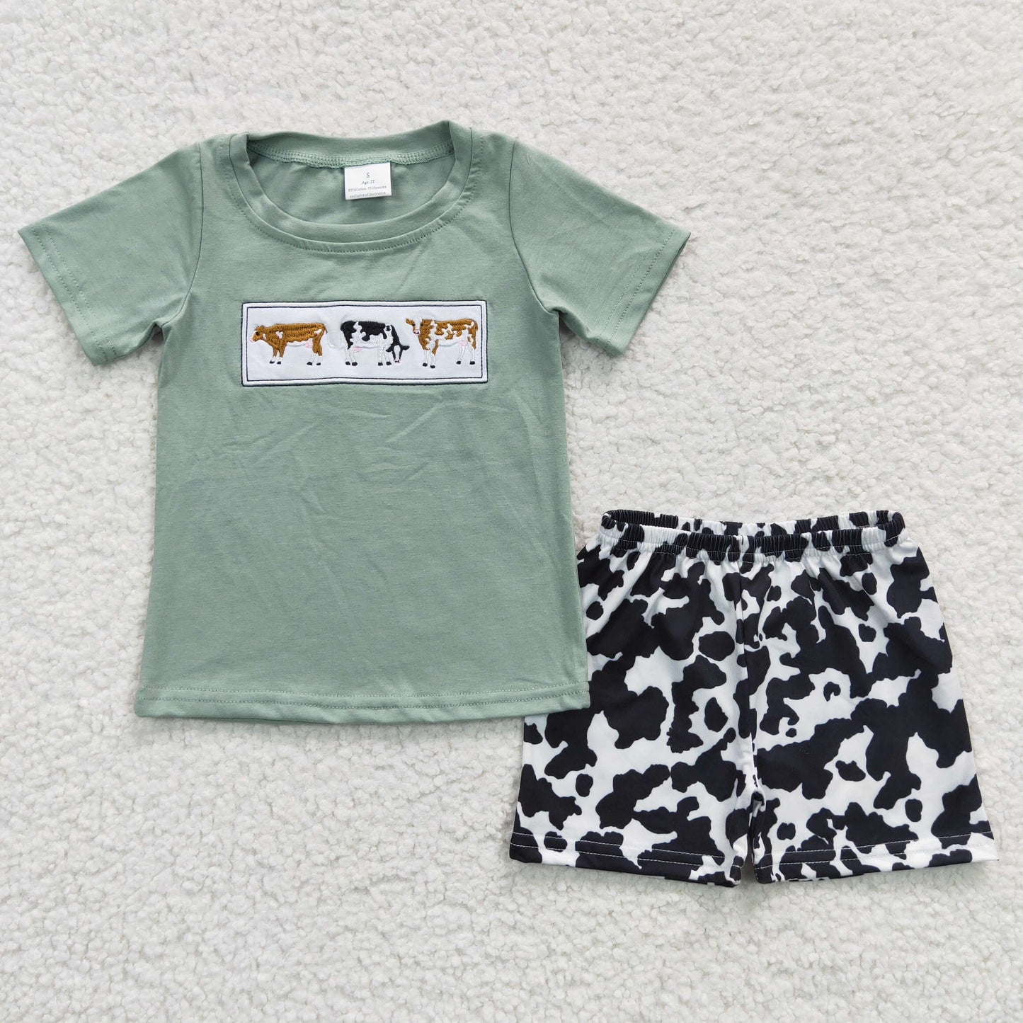 BSSO0264 Cows Embroidery Green Top Shorts Boys Summer Clothes Set