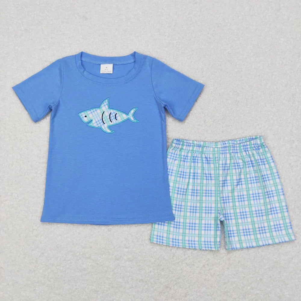 Sibling Baby Boys Blue Shark Rompers Summer Shorts Outfit