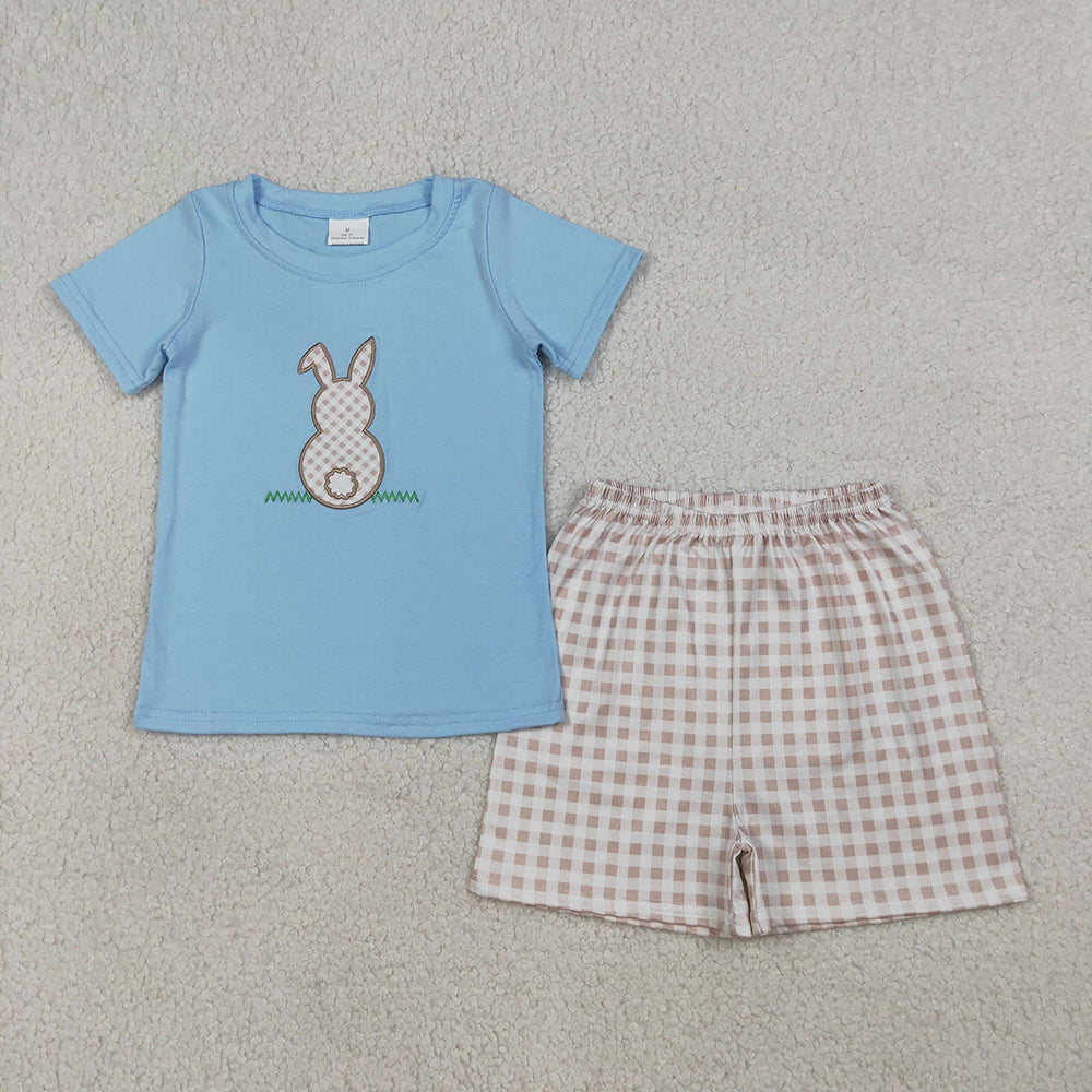 BSSO0305 Bunny Embroidery Blue Top Plaid Shorts Boys Easter Clothes Set