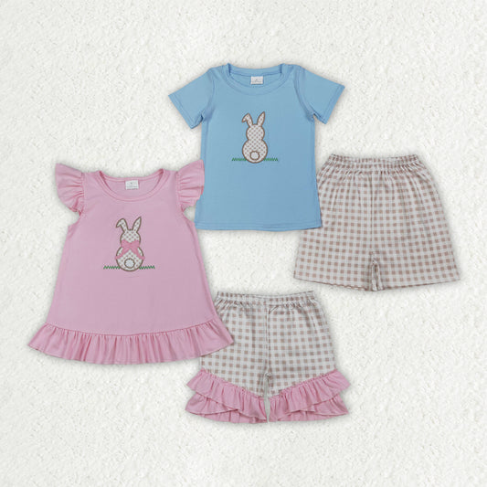 Bunny Embroidery Top Plaid Shorts Girls & Boys Easter Outfits Sibling Matching Styles