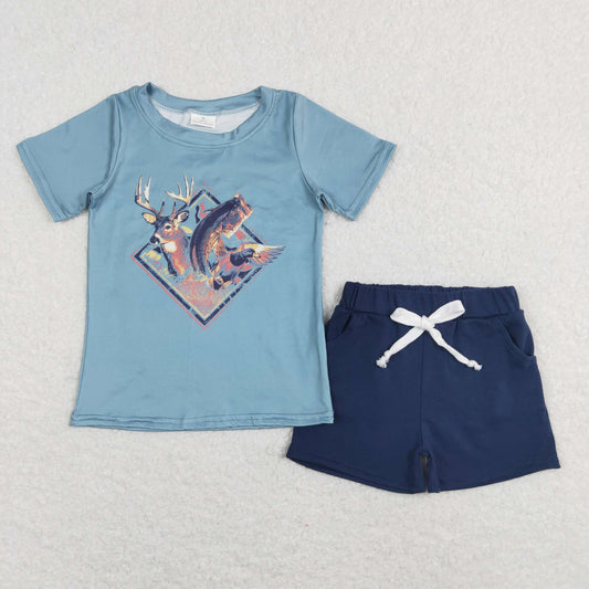 Sibling Baby Boys Short Sleeve Dogs Ducks Fishing Print Top Shorts Hunting Clothes Sets