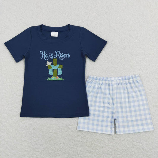 BSSO0319 He is Risen Cross Embroidery Navy Top Plaid Shorts Boys Easter Clothes Set