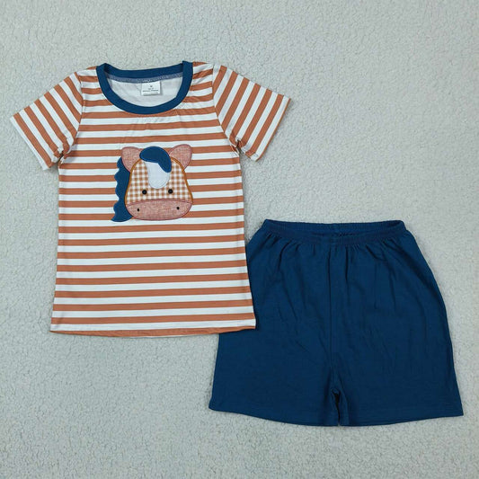 BSSO0380 Horse Embroidery Stripes Top Navy Shorts Boys Summer Clothes Set