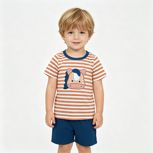 BSSO0380 Horse Embroidery Stripes Top Navy Shorts Boys Summer Clothes Set