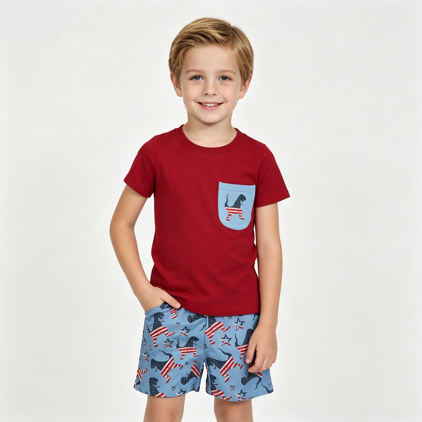 BSSO0519 Toddler Red Pocket Top Boys 4th of July dinosaur Shorts Outfits
