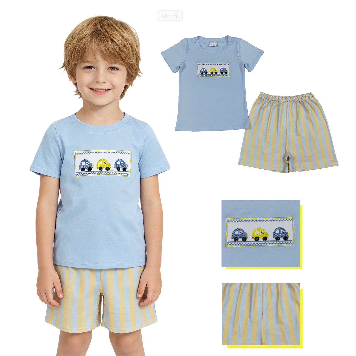 Toddler Boys Blue Car Embroidery Short Set, Kids Summer Casual Outfit
