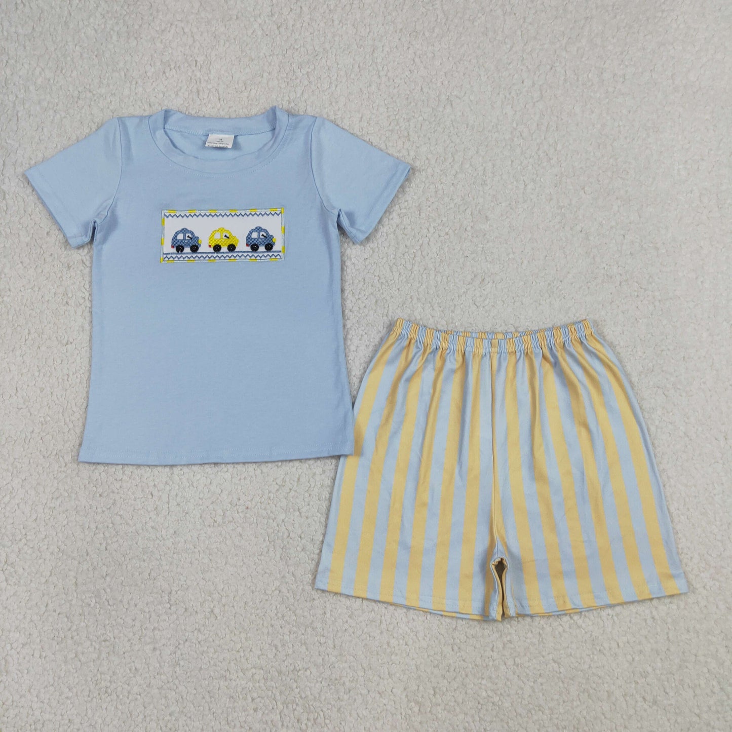 Toddler Boys Blue Car Embroidery Short Set, Kids Summer Casual Outfit