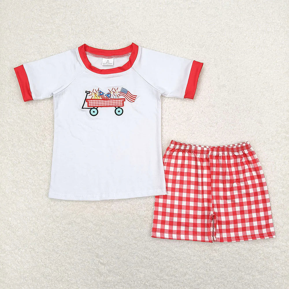 USA Patriotic Sibling Clothing 4th of July Truck Firework Embroidery Outfit