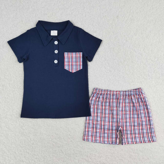 BSSO0628 Navy Pocket Polo Top Plaid Shorts Baby Boys 4th of July Clothes Sets
