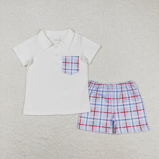 Sibling Baby Boys Stripe Plaid Pocket Button Polo Shirts Pockets Short Clothes Set