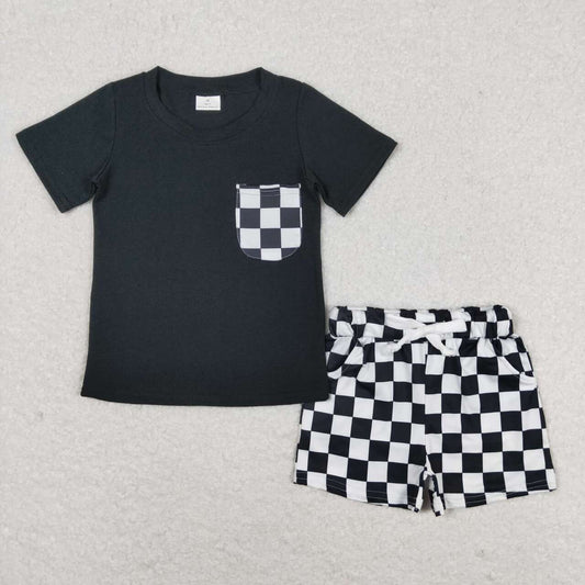 BSSO0852 Black Pocket Top Plaid Shorts Boys Summer Clothes Set