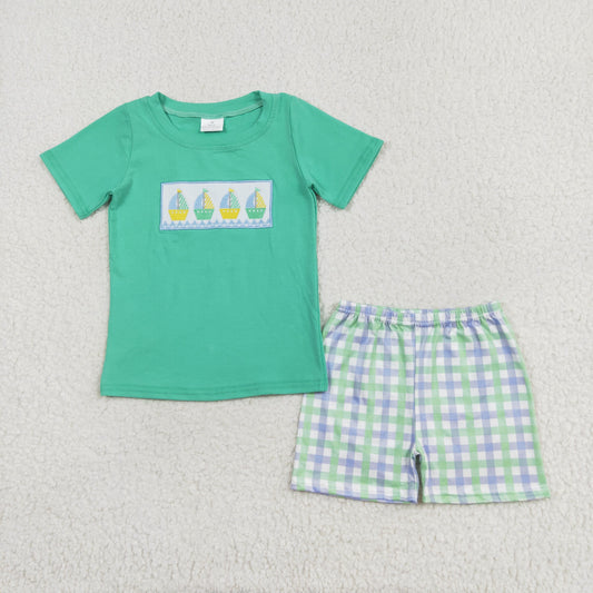 Toddler Boys Embroidered Sailboat Outfit Set, Sibling Matching Summer Clothes