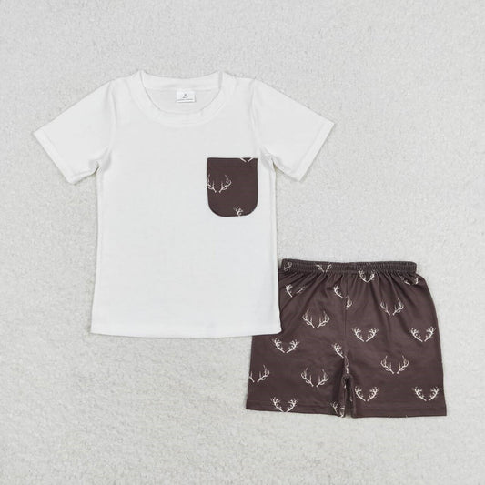 Toddler Boys Deer Antler Pocket Outfit Set, Sibling Matching Summer Clothes