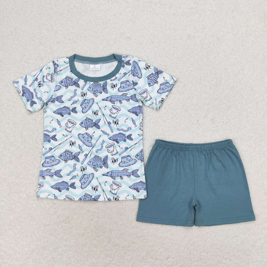 BSSO0994 Fishing Top Blue Shorts Boys Summer Clothes Set