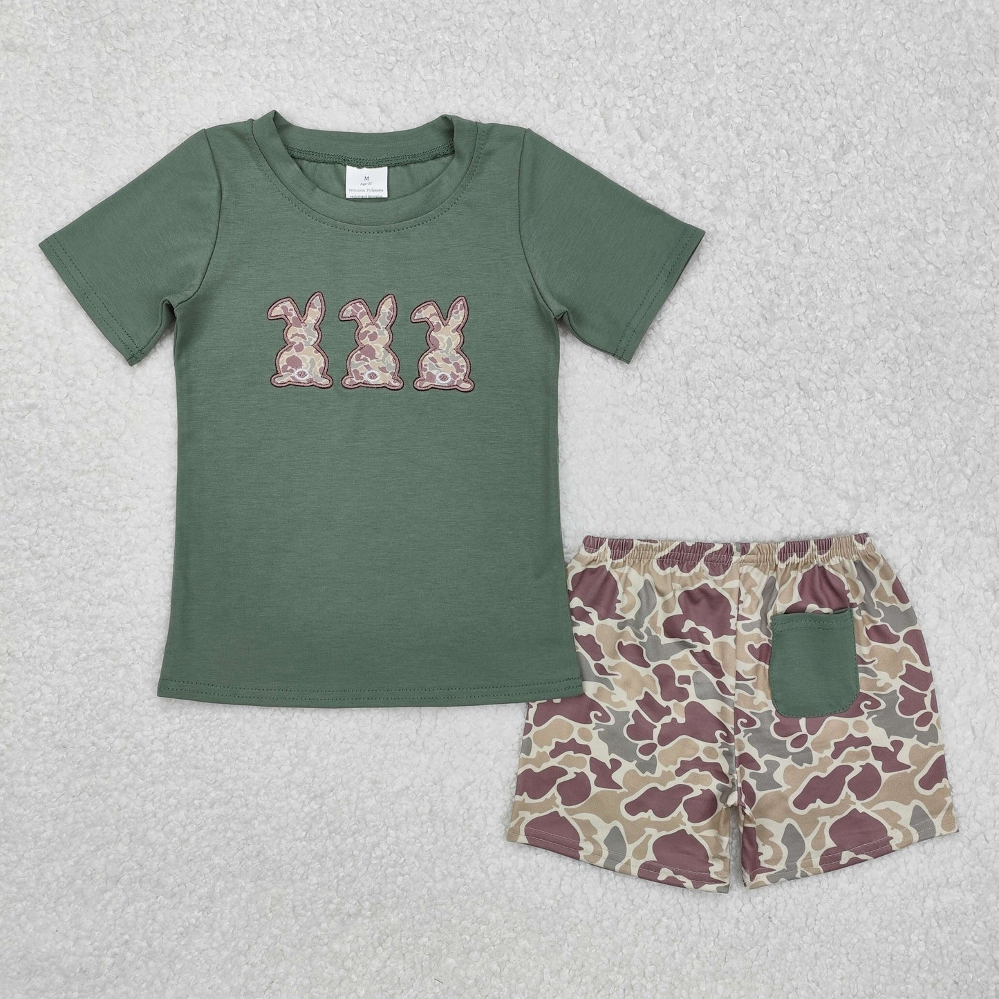 BSSO1004 Bunny Embroidery Green Top Camo Shorts Boys Easter Clothes Set