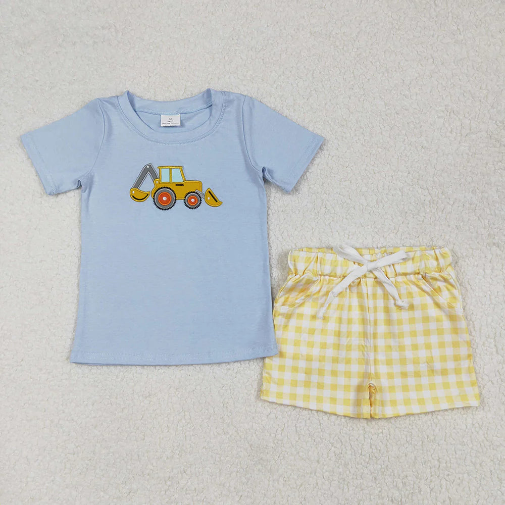 Baby Boys Digger Embroidery Shirt Checkered Shorts Clothes Sets