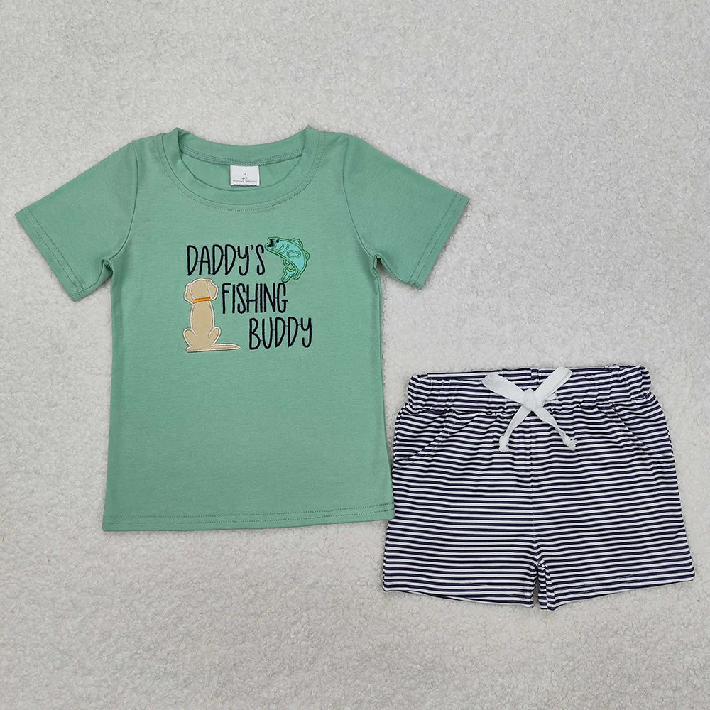 Sibling Boys Baby Girls Daddy's Fishing Buddy Embroidery Tops Shorts Clothes Suits
