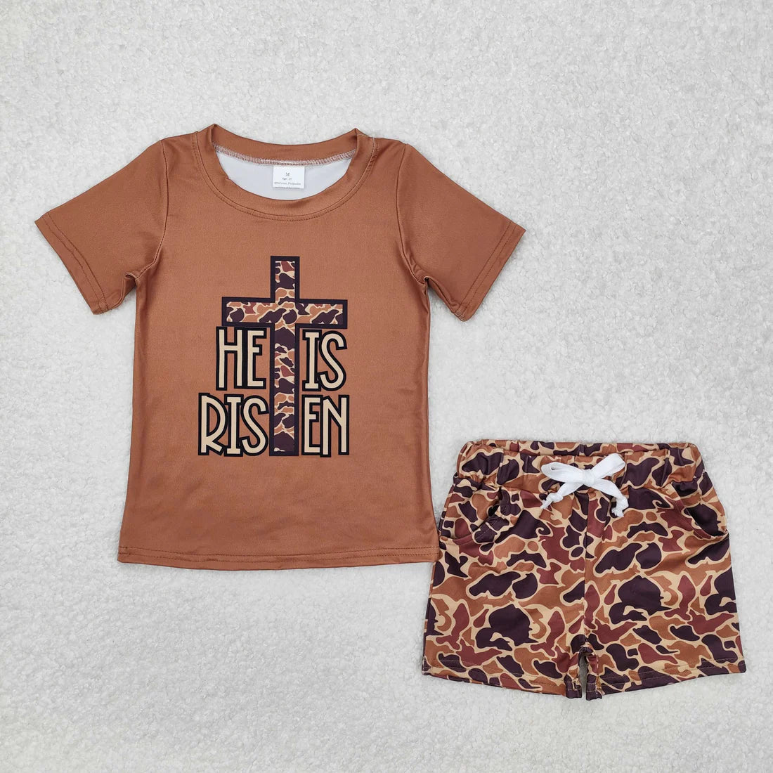 Sibling Baby Boys Brown Camo Cross He is Risen Pockets Shorts Easter Clothes Set Rompers
