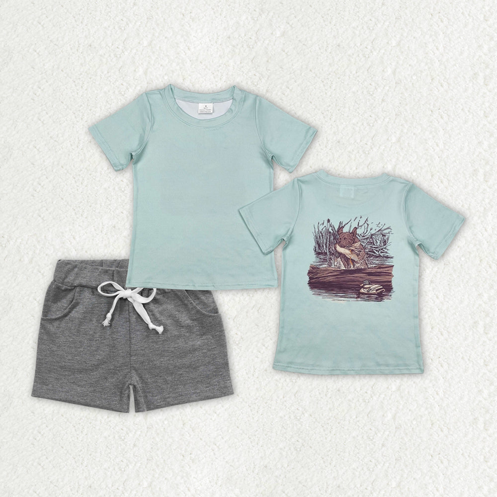 Sibling Baby Boys Short Sleeve Back Ducks Dogs Fishing Top Pockets Shorts Hunting Clothes Sets