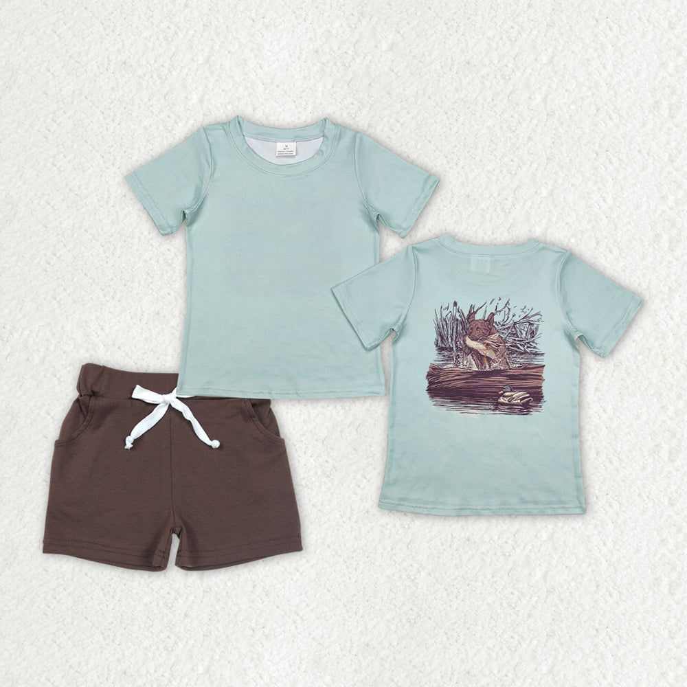Sibling Baby Boys Short Sleeve Back Ducks Dogs Fishing Top Pockets Shorts Hunting Clothes Sets