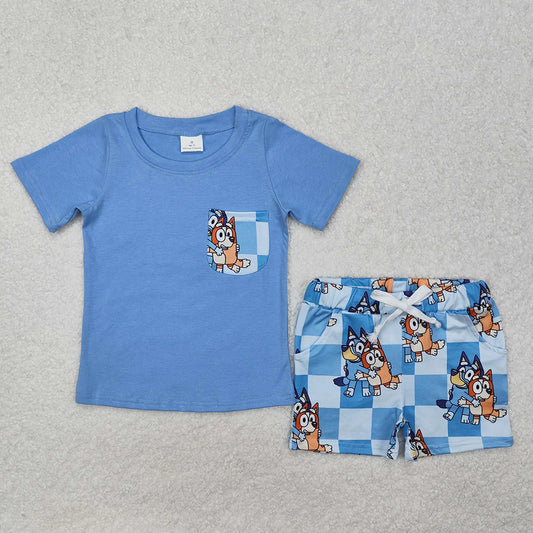 BSSO1211 Blue Pocket Top Cartoon Dog Plaid Shorts Boys Clothes Set