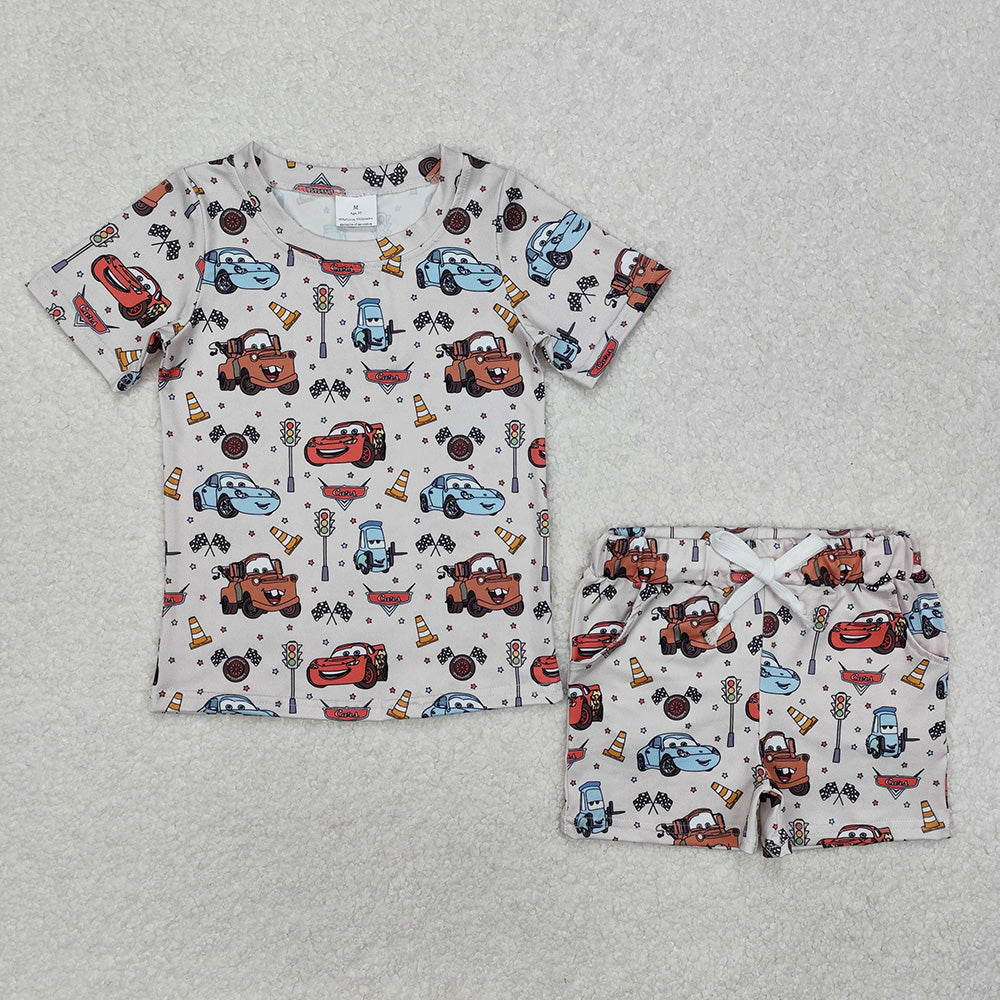 BSSO1233 Cartoon Cars Top Pockets Shorts Boys Summer Clothes Set