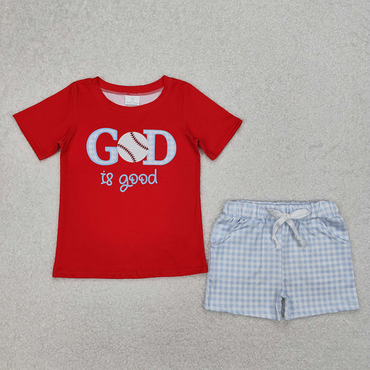 BSSO1248  GOD Baseball Embroidery Red Top Plaid Shorts Boys Summer Clothes Set