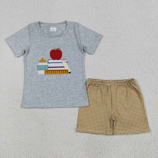 BSSO1281 Apple Pen Embroidery Grey Top Plaid Shorts Boys Back to School Clothes Set