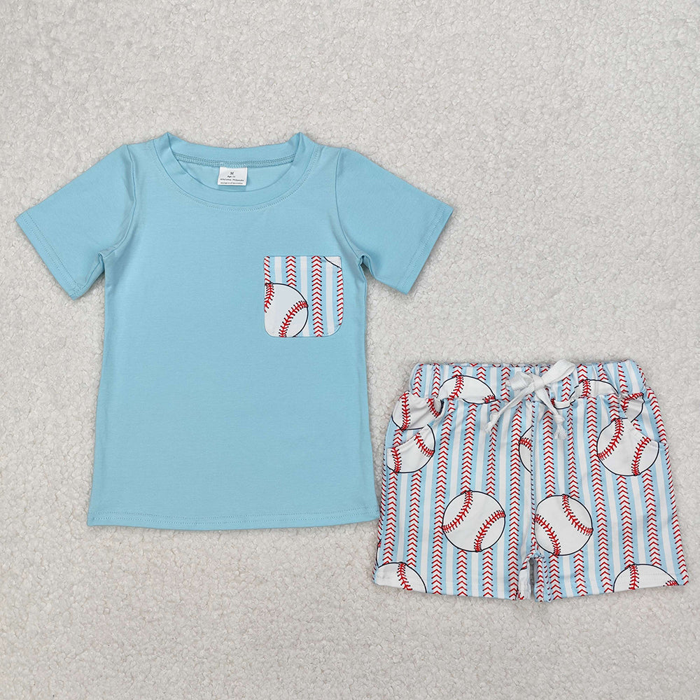BSSO1317 Blue Pocket Top Baseball Shorts Boys Summer Clothes Set