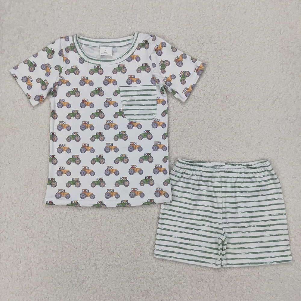 Baby Boys Farm Trucks Pocket Shirt Top Tee Shorts Clothes Sets