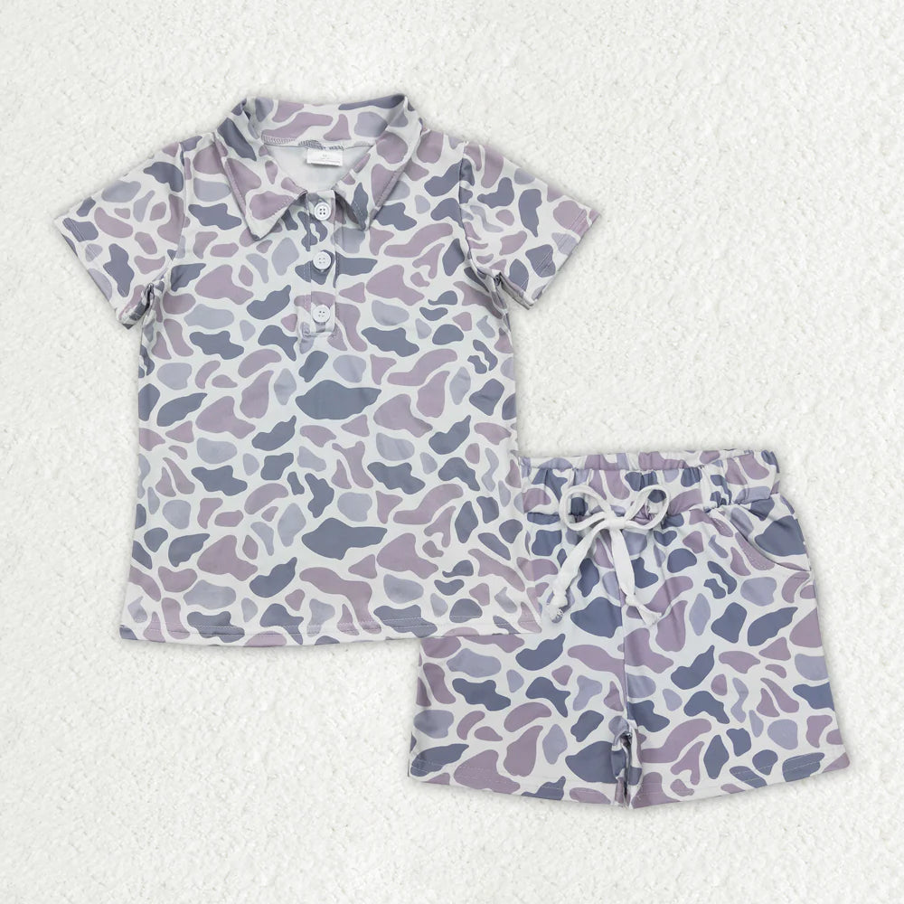 Sibling Baby Boys Camo Dog Print Button Shirts Pockets Short Outfit