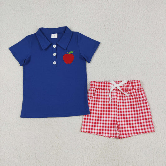 BSSO1397 Apple Embroidery Blue Polo Top Plaid Shorts Boys Back to School Clothes Set