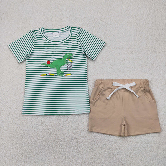 BSSO1416 Apple Dino Embroidery Stripes Top Pockets Shorts Boys Back to School Clothes Set