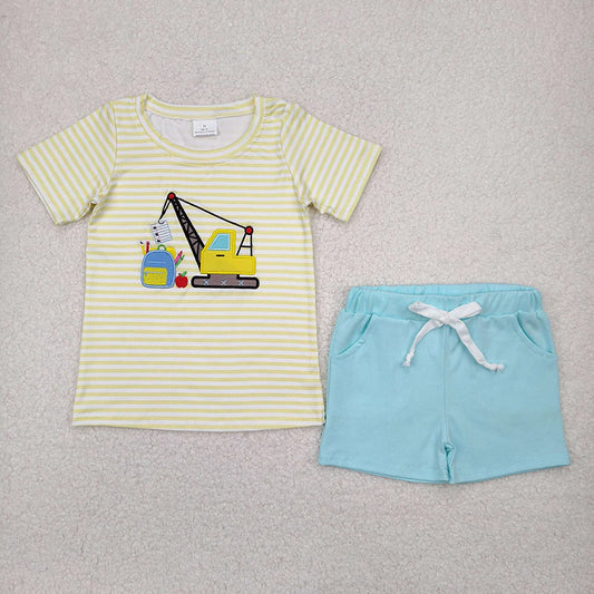 Embroidery Baby Boys Back To School Excavator Shirts Top Blue Pockets Shorts Sets