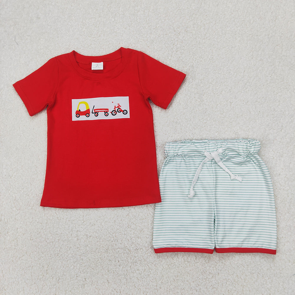 BSSO1432  Baby Bike Embroidery Red Top Stripes Shorts Boys Summer Clothes Set