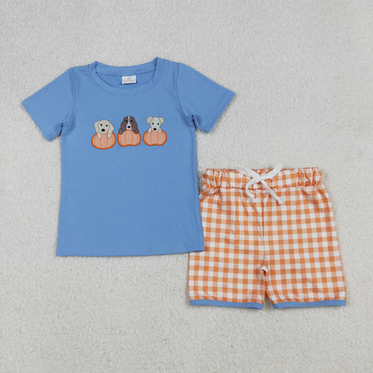 BSSO1547 Pumpkin Dog Embroidery Blue Top Checkered Shorts Boys Fall Clothes Set