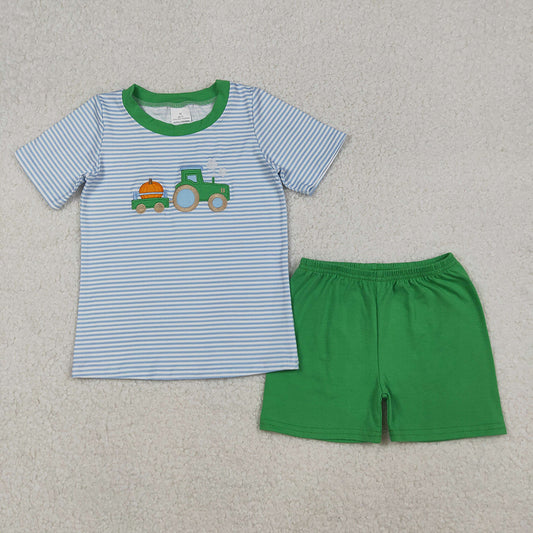 BSSO1549 Pumpkin Tractor Embroidery Stripes Top Green Shorts Boys Fall Clothes Set
