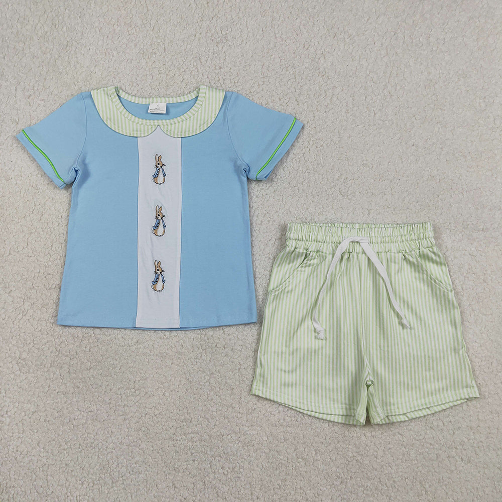 BSSO1564 Bunny Embroidery Blue Doll Collar Top Stripes Pockets Shorts Boys Easter Clothes Set