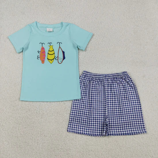 Sibling Baby Kids Embroidery Fishing Top Checked Shorts Hunting Clothes Set Strap Rompers