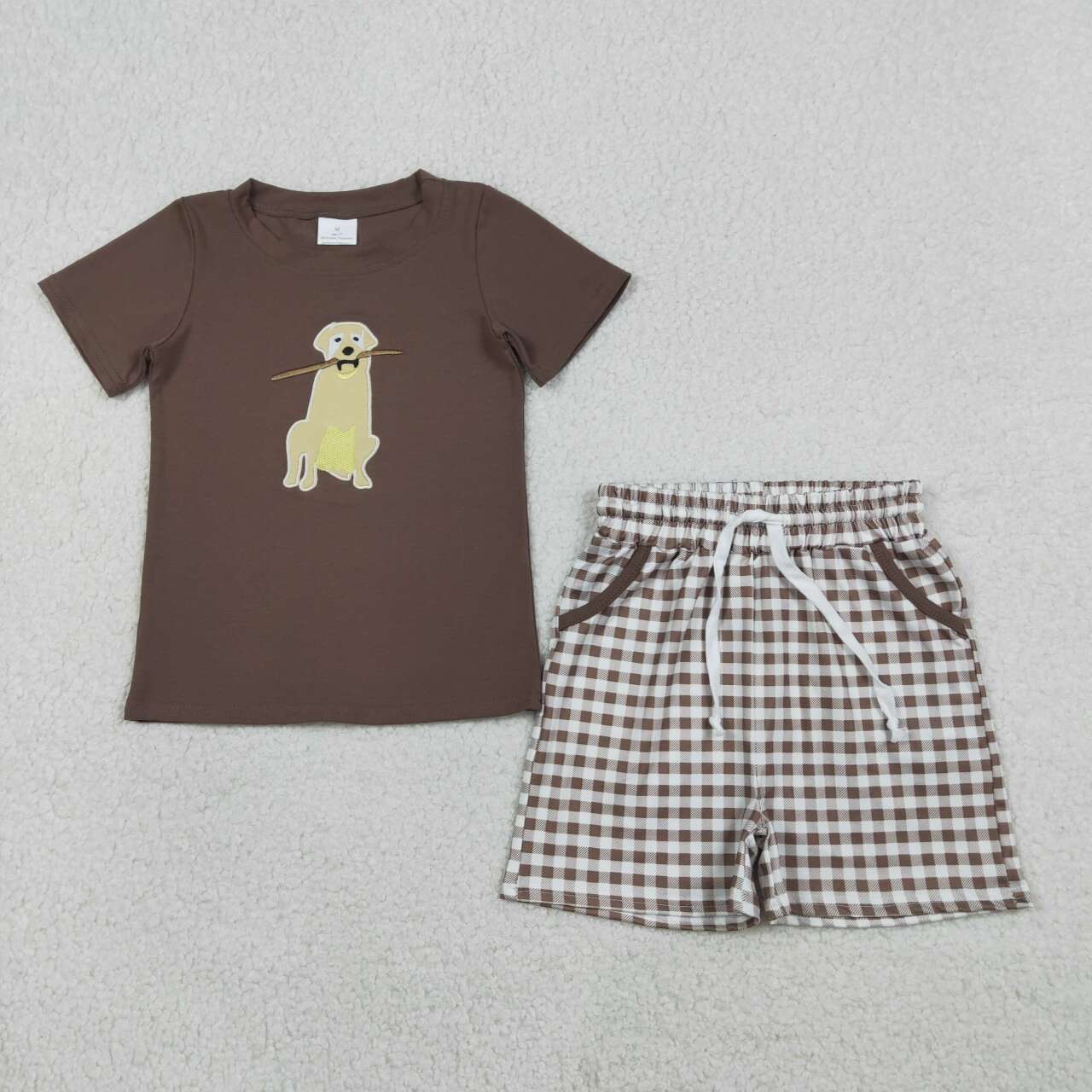 Kids Puppy Embroidery Sibling Set - Brown & White Gingham Baby & Toddler Outfit