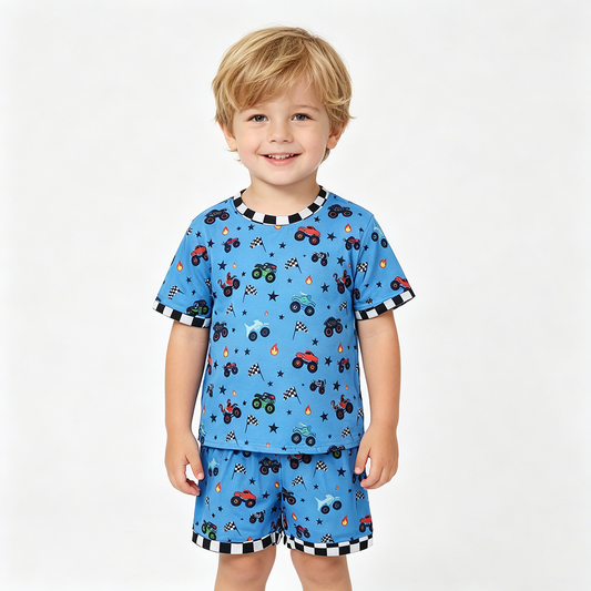 BSSO1641 Monster Truck Flags Blue Print Baby Boys Summer Clothes Set