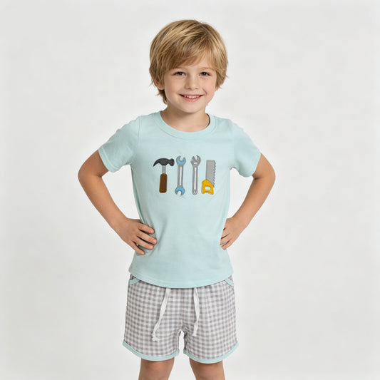 Toddler Boys Tools Embroidery Outfit,Kids Mint Green Shirt & Gingham Shorts Set