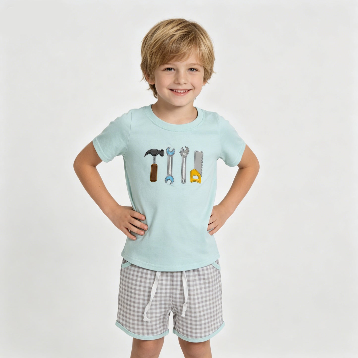 Tool Embroidered Sibling Matching Outfits - Toddler Boy Tee & Shorts + Baby Romper Set