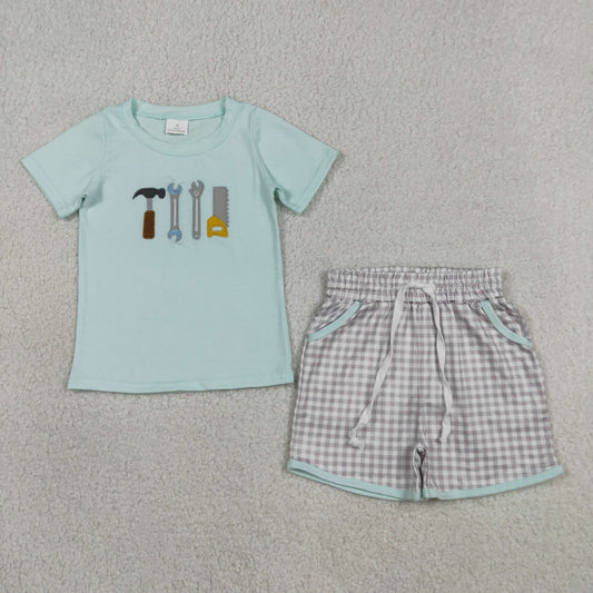 Tool Embroidered Sibling Matching Outfits - Toddler Boy Tee & Shorts + Baby Romper Set