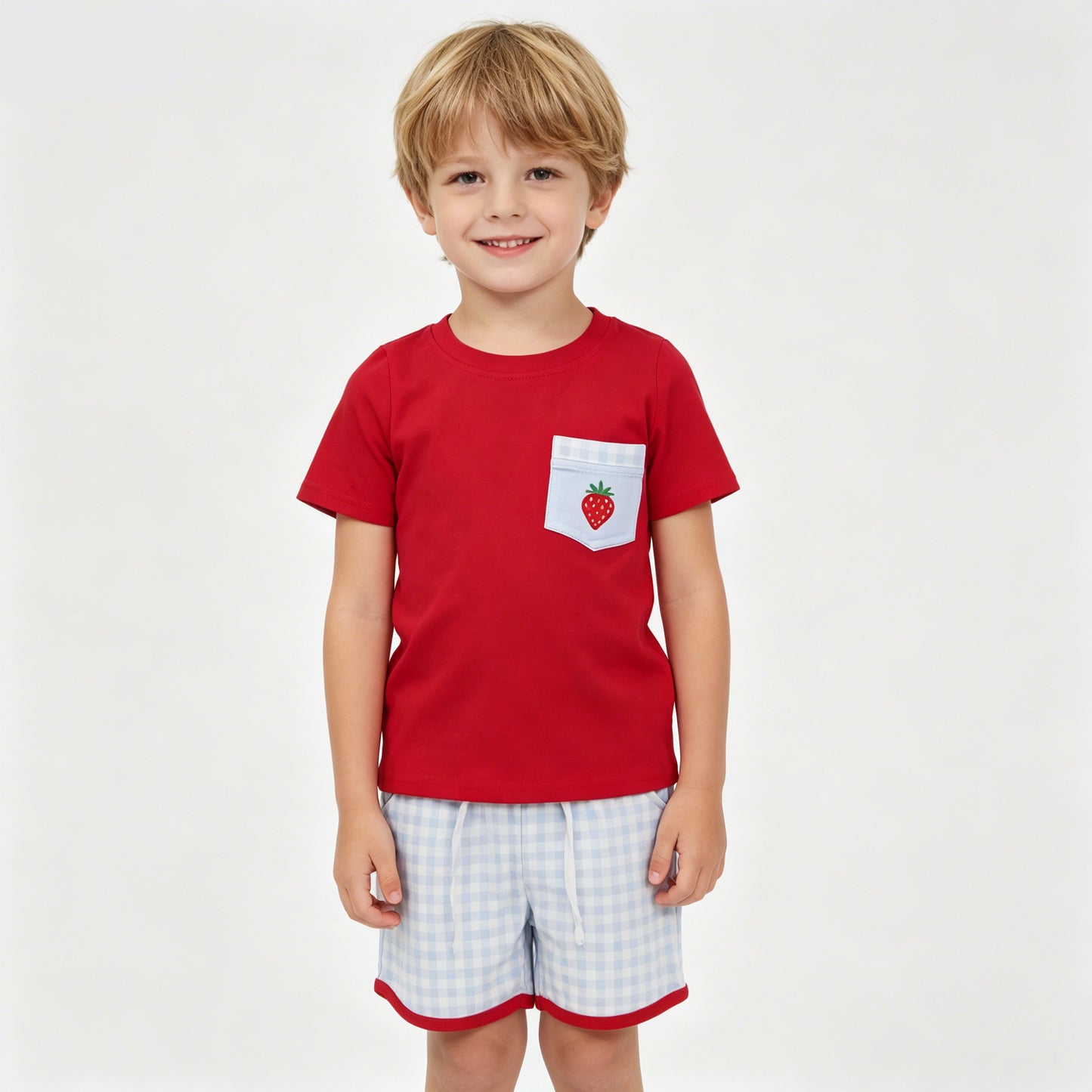 Strawberry Pocket Red Top Plaid Shorts Boys Summer Clothes Set